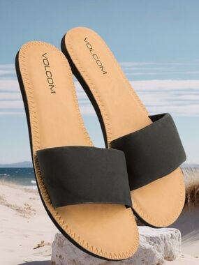 2 for $30 | Volcom Black Simple Slides Sandals with Tan Footbed